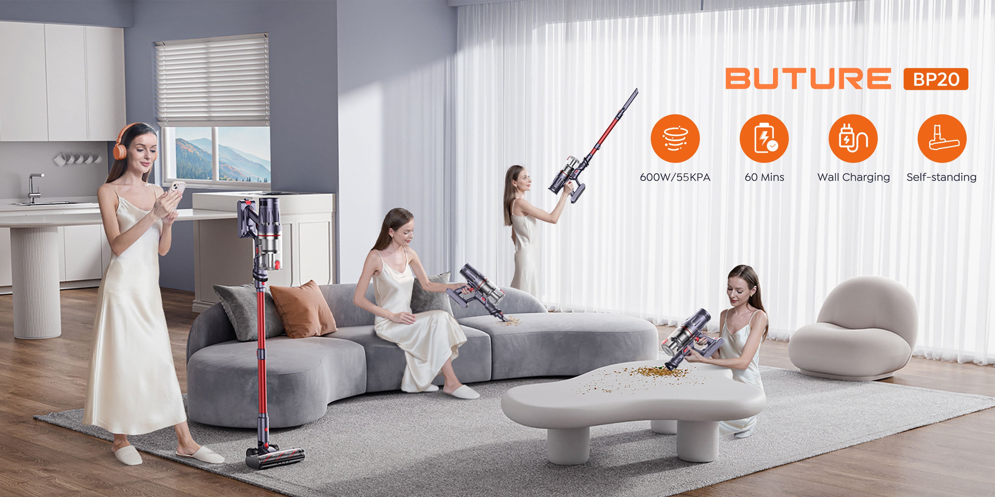 Discover the Buture BP20 cordless vacuum cleaner, featuring a 600W high-power motor and 55 KPA suction for a powerful cleaning experience.