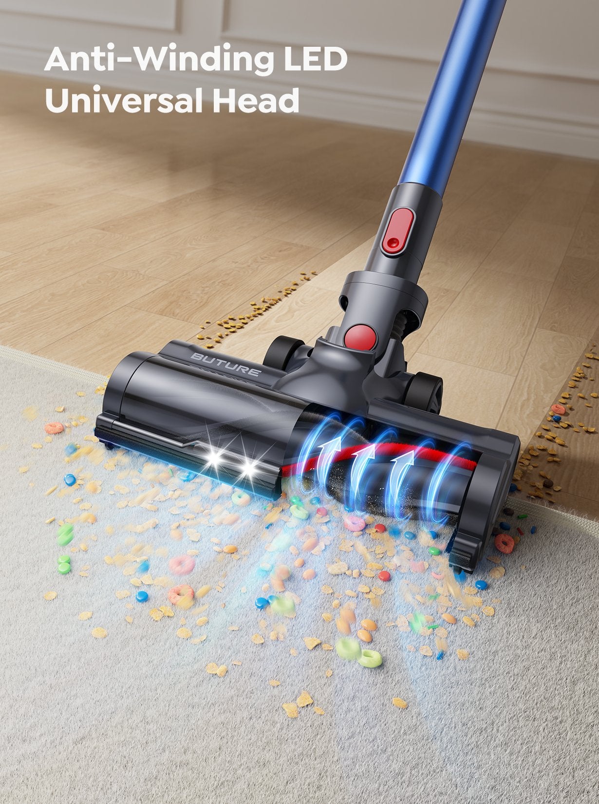 JR700 blue cordless vacuum cleaner with anti-tangle LED universal head – automatically adjusts suction for carpets, hardwood, and pet hair while illuminating dark spaces.