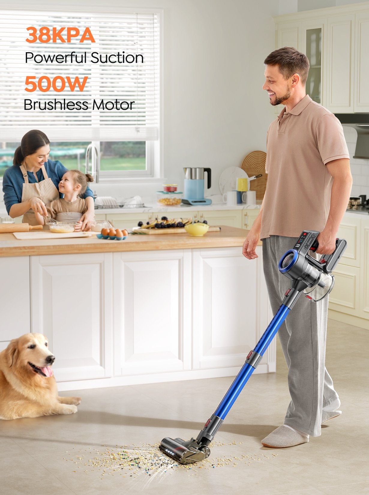 JR700 blue cordless vacuum cleaner with 500W brush motor to deliver 38KPA powerful suction.