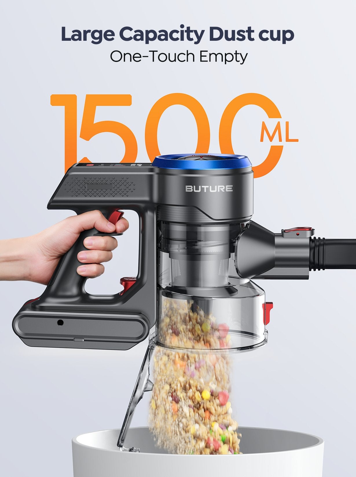JR700 blue cordless vacuum cleaner with 1500ML large dust cup – features one-touch emptying for hassle-free debris disposal.