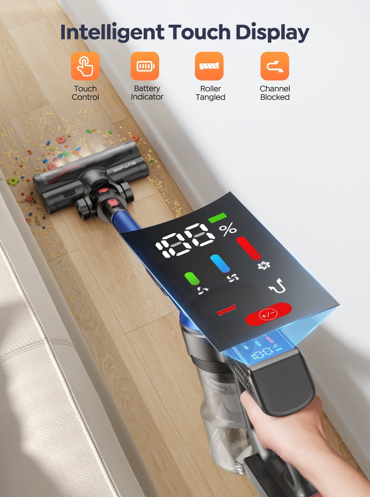 JR700 blue cordless vacuum cleaner with intelligent touch display - control suction, check battery, monitor roller status, and receive blockage alerts.