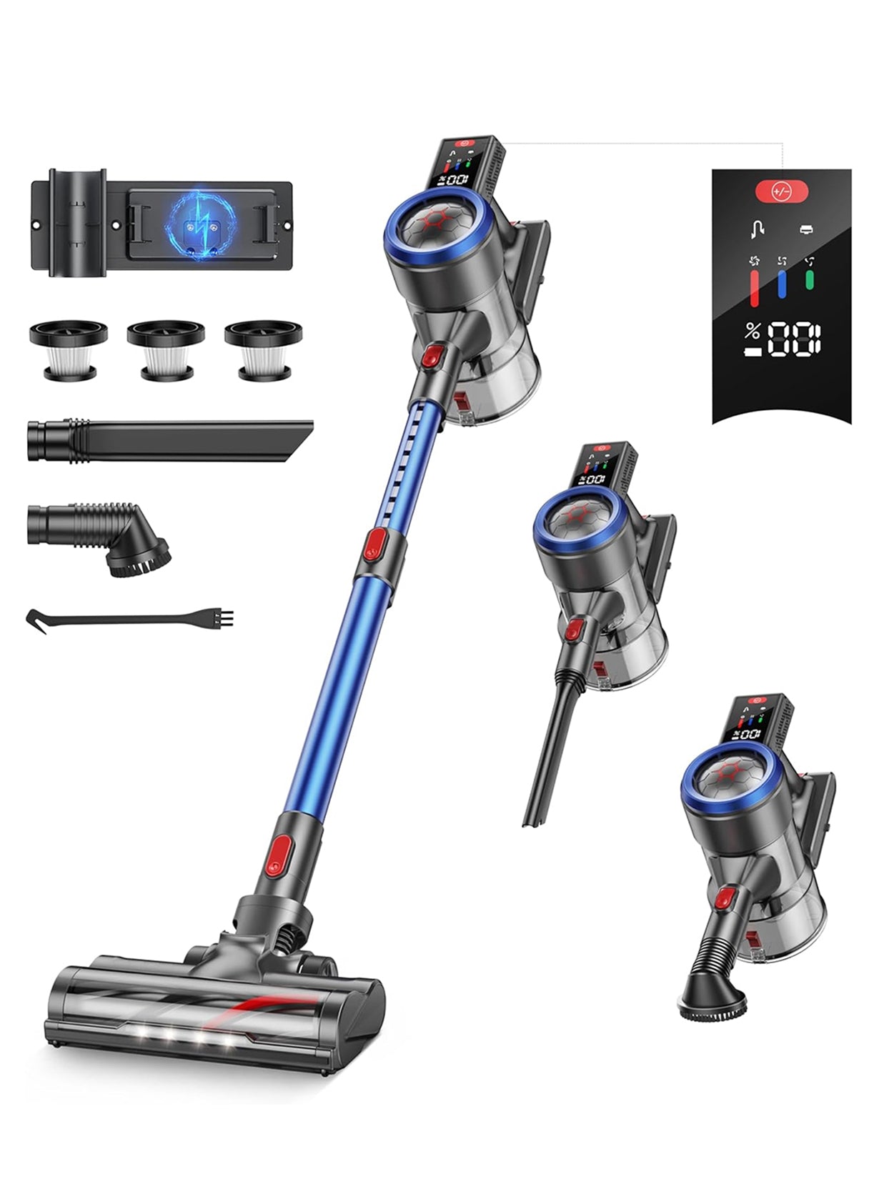 JR700 blue cordless vacuum cleaner accessories kit: floor brush, roller brush, 2-in-1 brush, crevice nozzle, wall mount, HEPA filters, stainless steel filter, dust cup, fragrance tablets, and telescopic tube.
