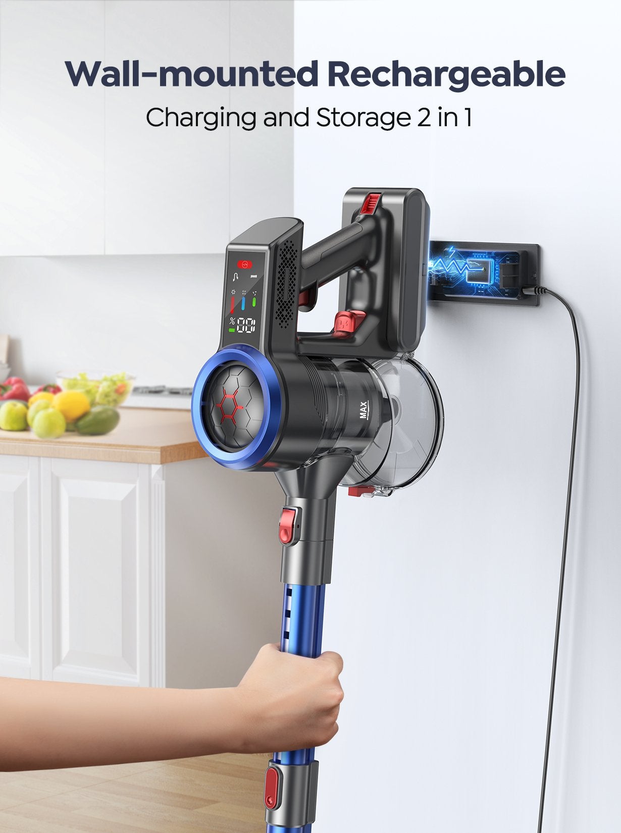 JR700 blue cordless vacuum cleaner with wall-mounted 2-in-1 charging station – compact storage and automatic charging in one space-saving design.