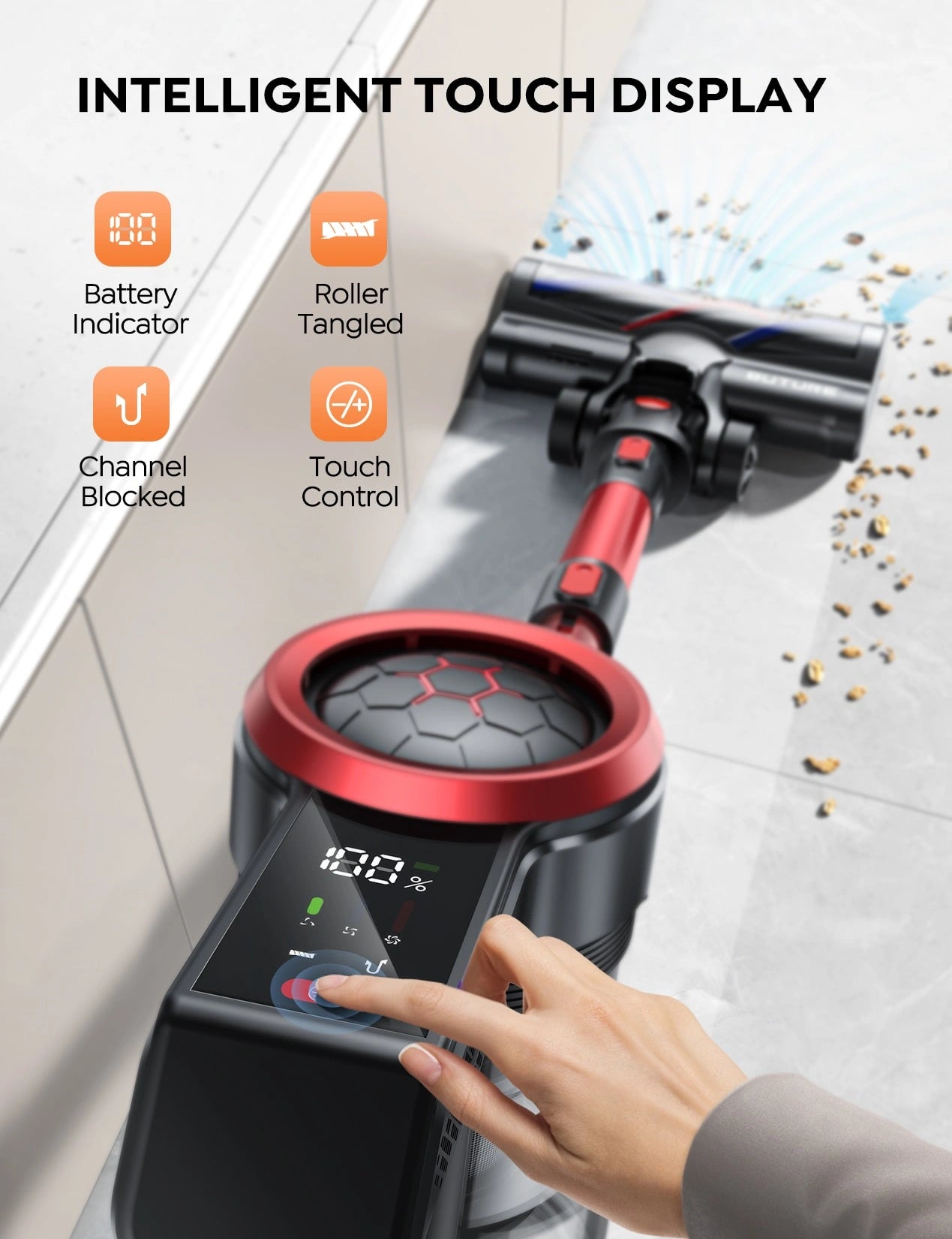 JR700 red cordless vacuum cleaner with intelligent touch display - control suction, check battery, monitor roller status, and receive blockage alerts.
