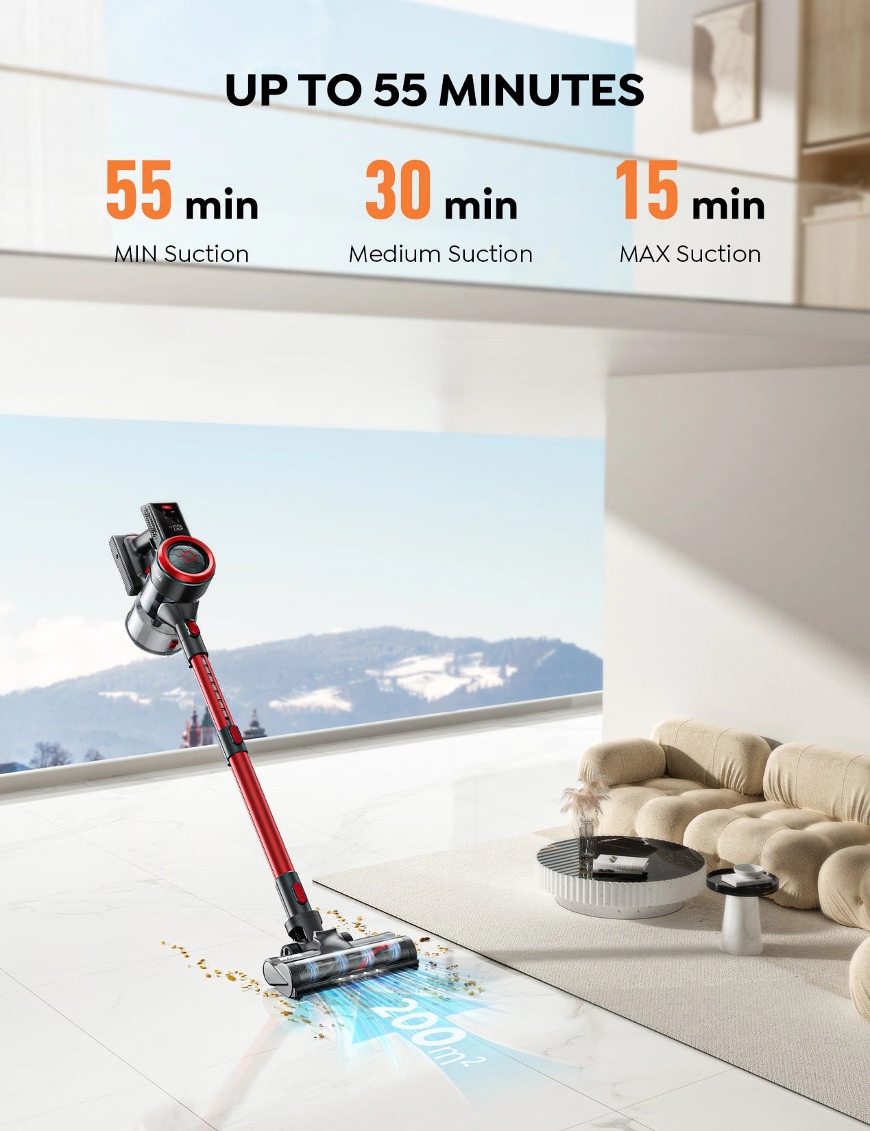 Buture JR700 red cordless vacuum cleaner with up to 55 minutes runtime, powerful suction in three modes – 55 min in MIN mode, 30 min in Medium, and 15 min in MAX, ideal for deep cleaning floors and carpets.