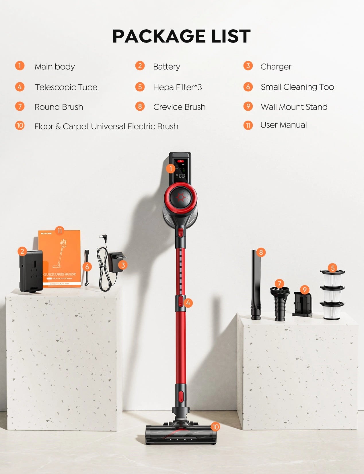 JR700 red cordless vacuum cleaner full package includes: main body, battery, 3 HEPA filters, charger, telescopic tube, round brush, crevice tool, wall mount, universal floor/carpet brush, and user manual – complete cleaning kit for whole-home care.
