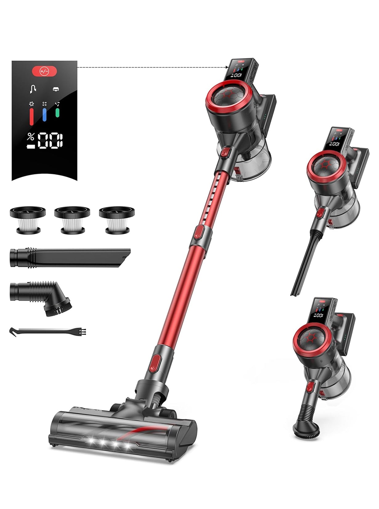 JR700 red cordless vacuum cleaner accessories kit: floor brush, roller brush, 2-in-1 brush, crevice nozzle, wall mount, HEPA filters, stainless steel filter, dust cup, fragrance tablets, and telescopic tube.