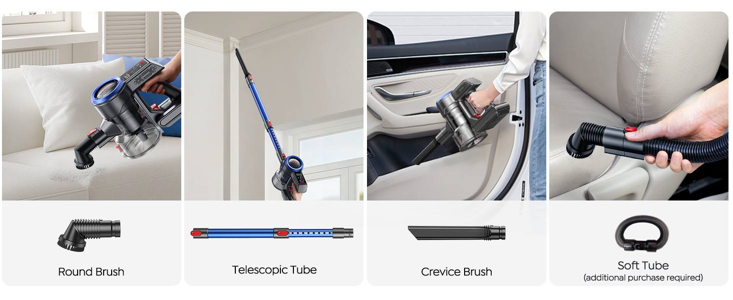 Buture cordless vacuum cleaner  JR700 Blue with optional accessories including round brush for sofas, telescopic tube for ceilings, crevice brush for car seats, and soft tube for hard-to-reach areas beside seats.