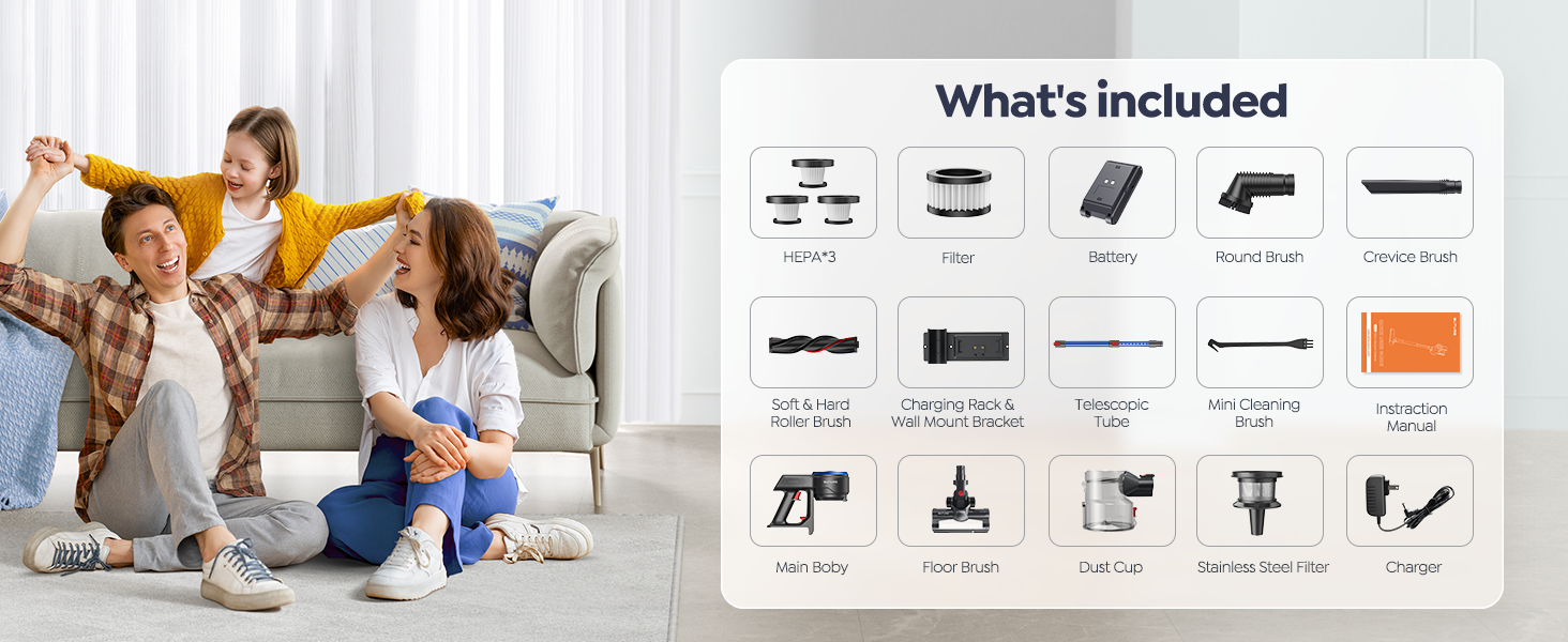 Buture JR700 Blue cordless vacuum cleaner package includes HEPA filters, battery, various brushes (round, crevice, soft and hard roller), telescopic tube, charging rack with wall mount, cleaning tools, instruction manual, main body, dust cup, stainless steel filter, and charger.