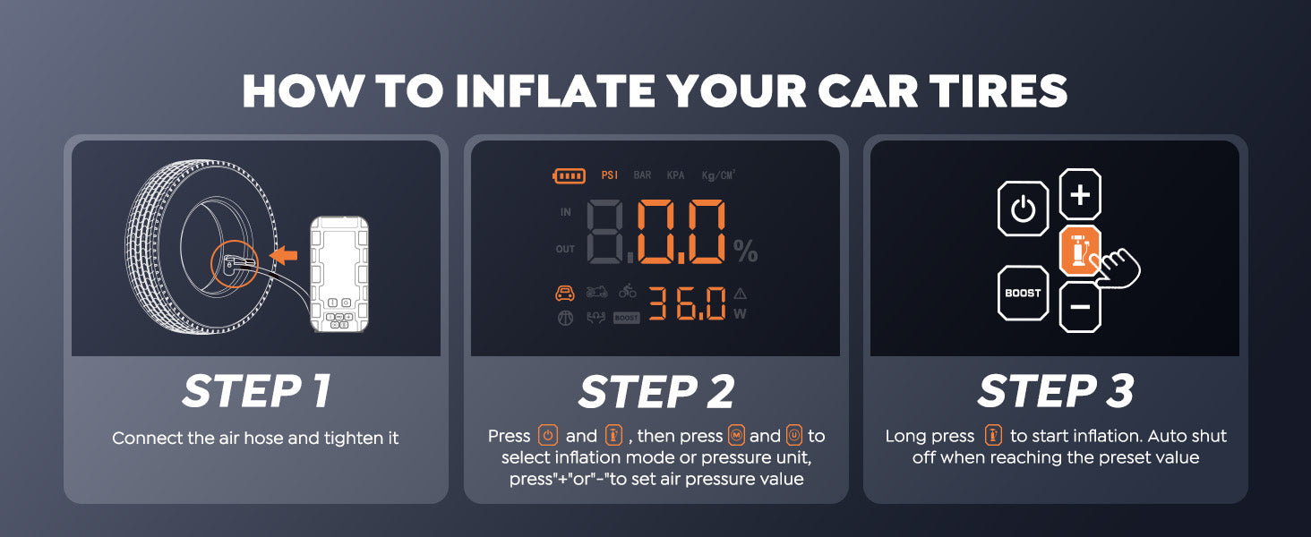 Instruction to inflate your car tires with Buture Beta07 Car Jump Starter-Just three steps.