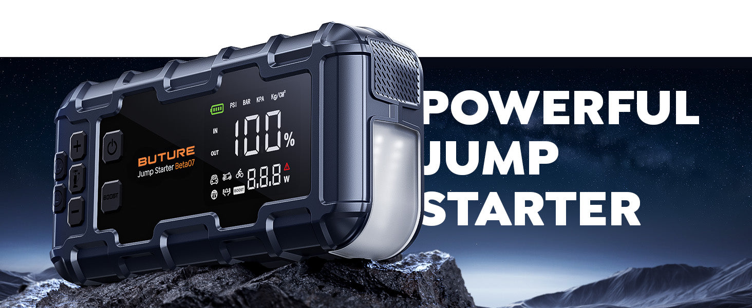Buture Beta08 Powerful 6000A force start technology jump starter, designed to quickly revive dead 12V batteries for all gas engines and up to 12L diesel engines, delivering high-performance and reliable vehicle starting power.