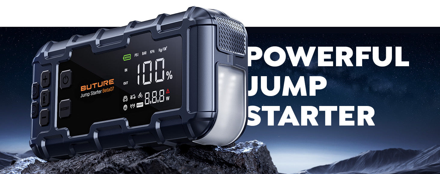 Buture Beta07 Powerful 6000A force start technology jump starter, designed to quickly revive dead 12V batteries for all gas engines and up to 12L diesel engines, delivering high-performance and reliable vehicle starting power.