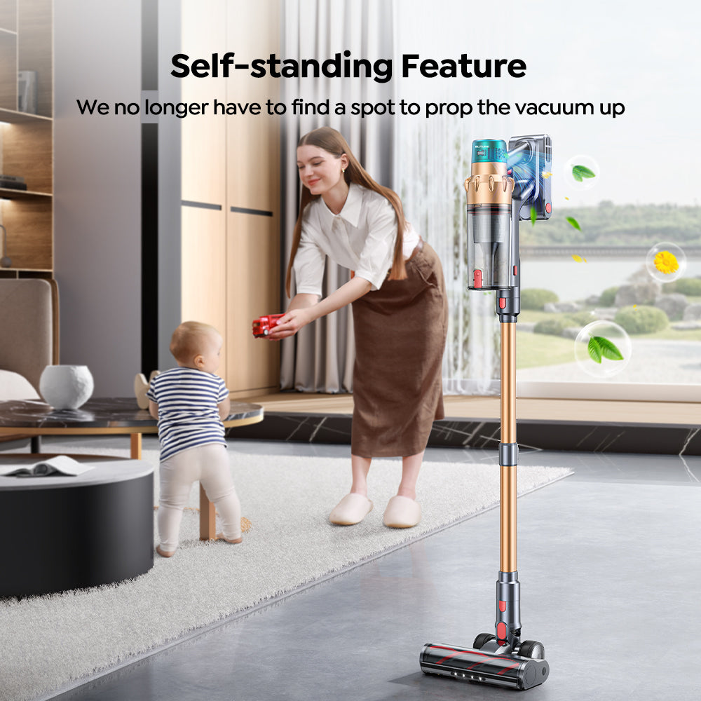 With Buture VAC01 vacuum's self-standing feature,we no longer have to find a spot to prop the vacuum up.