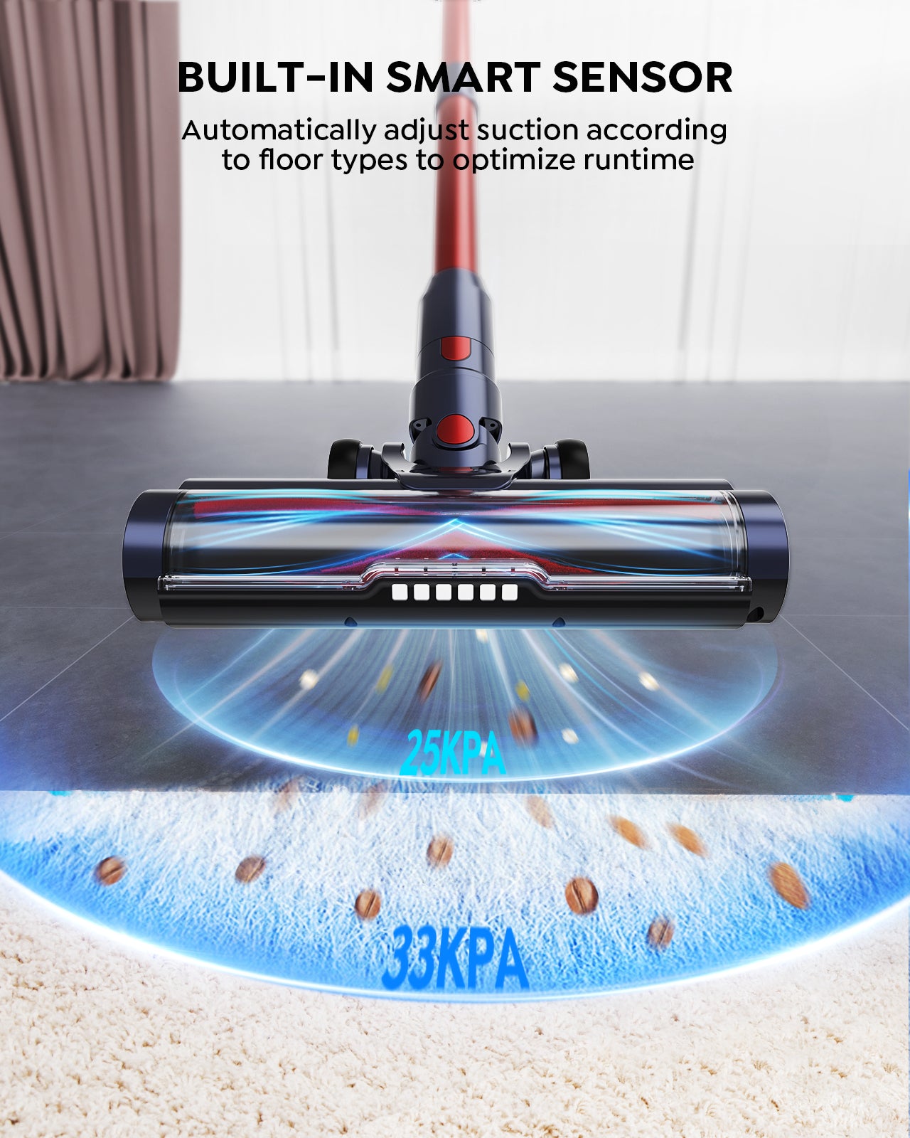 VC50 red vacuum floor brush with built-in smart sensor - automatically adjust suction according to floor types to optimize runtime.