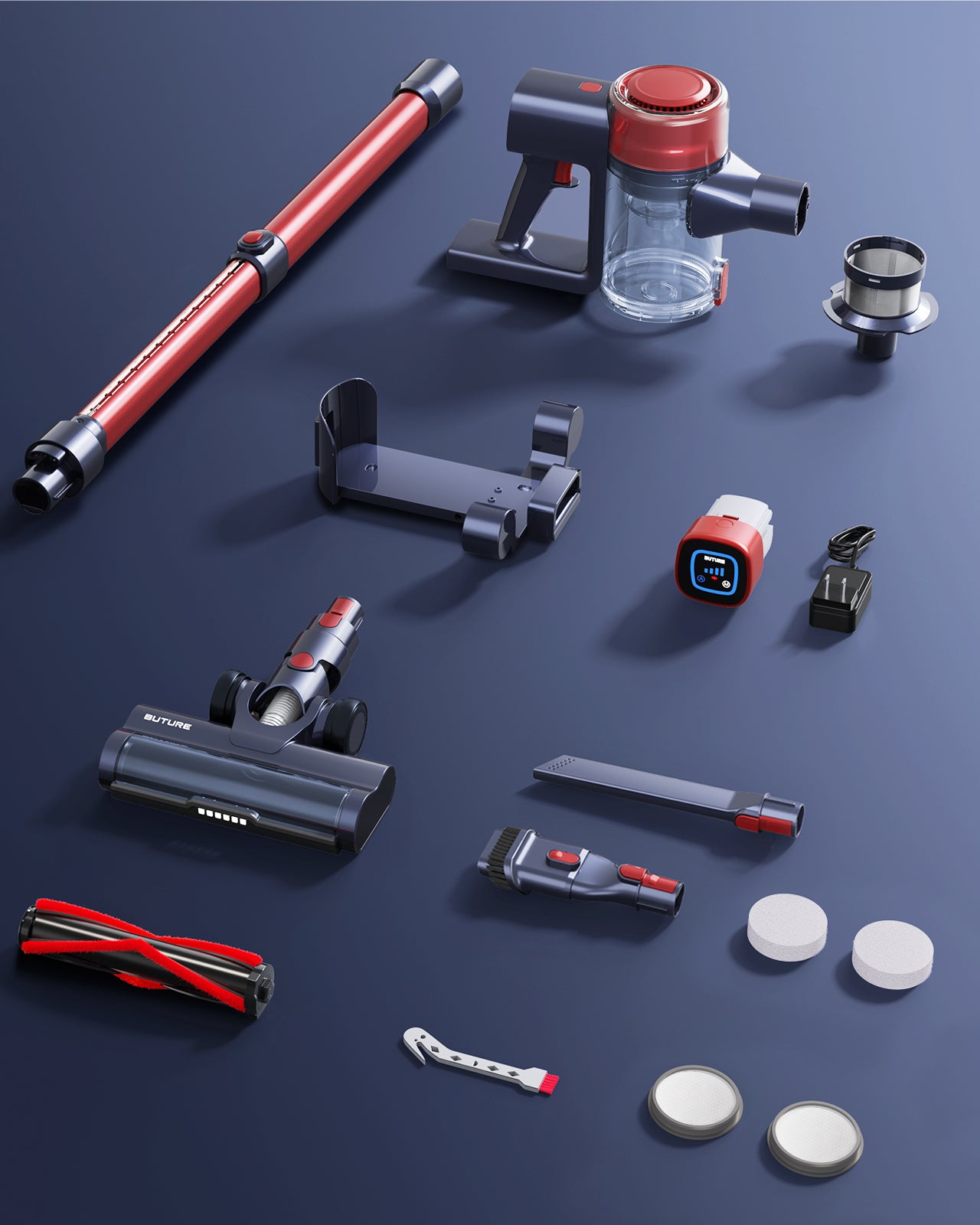 VC50 red cordless vacuum cleaner pack includes: main body with battery & dust cup, telescopic tube, vacuum brush head, 2-in-1 brush, crevice nozzle, HEPA & sponge filters, adapter, wall mount, and user manual.