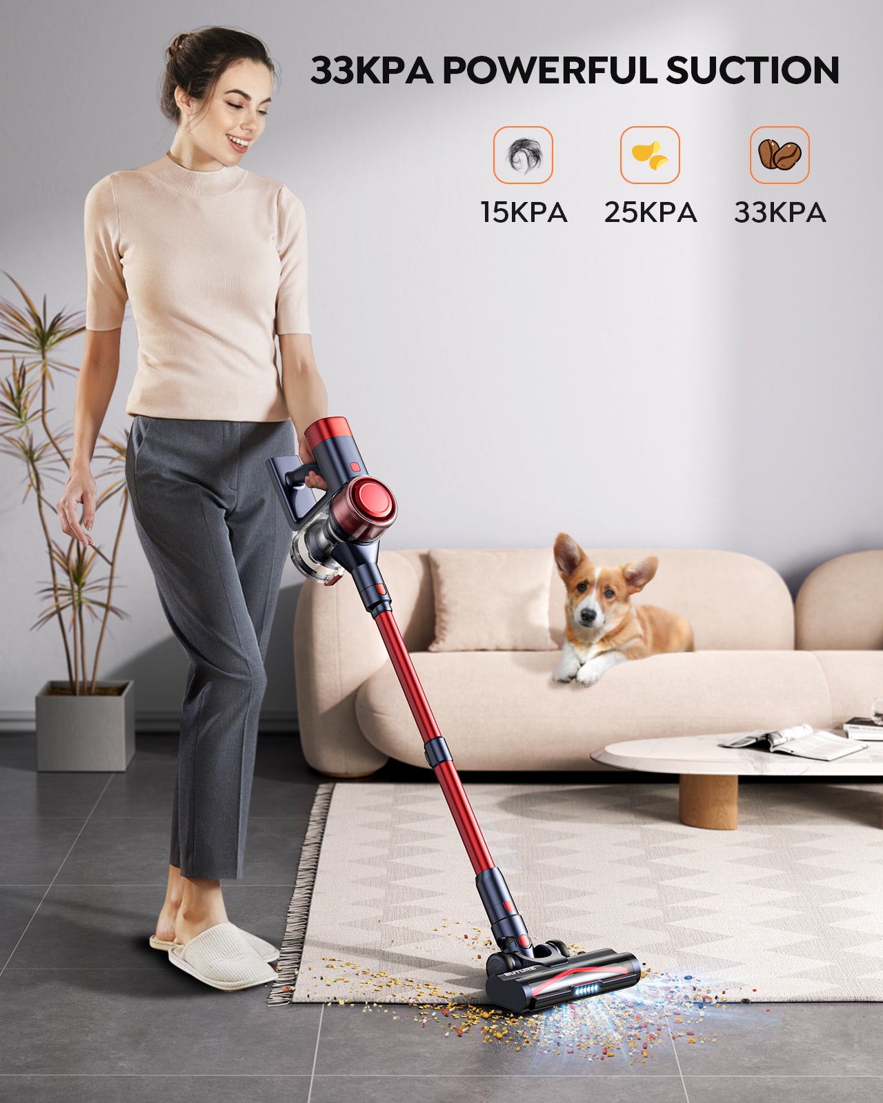 VC50 red cordless vacuum cleaner with powerful suction – 3 adjustable modes (15KPA Eco, 25KPA Mid, 33KPA Max) for all floor types.