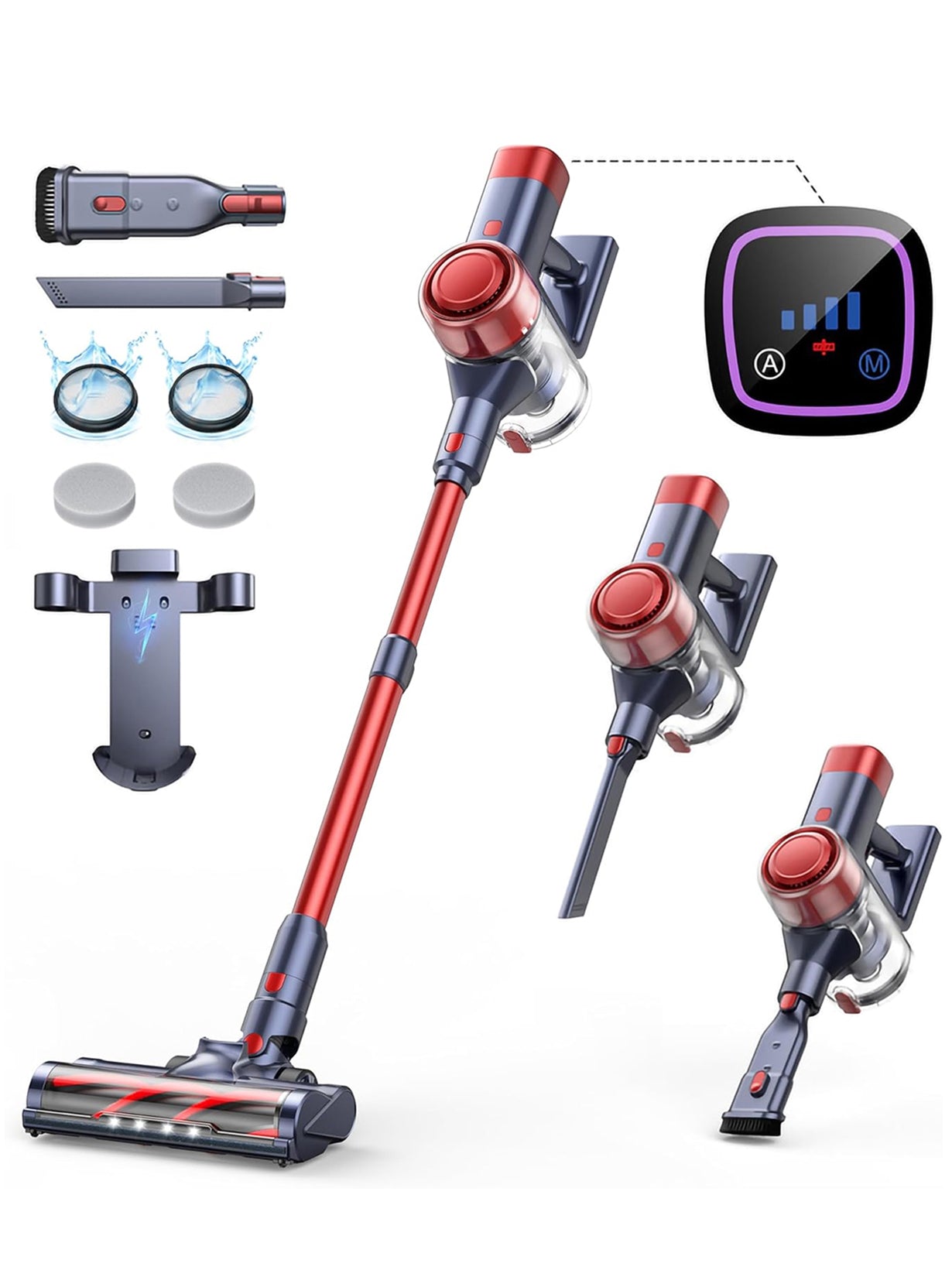 VC50 red cordless vacuum cleaner  accessories kit: floor brush, roller brush, 2-in-1 brush, crevice nozzle, wall mount, HEPA filters, stainless steel filter, dust cup, fragrance tablets, and telescopic tube.