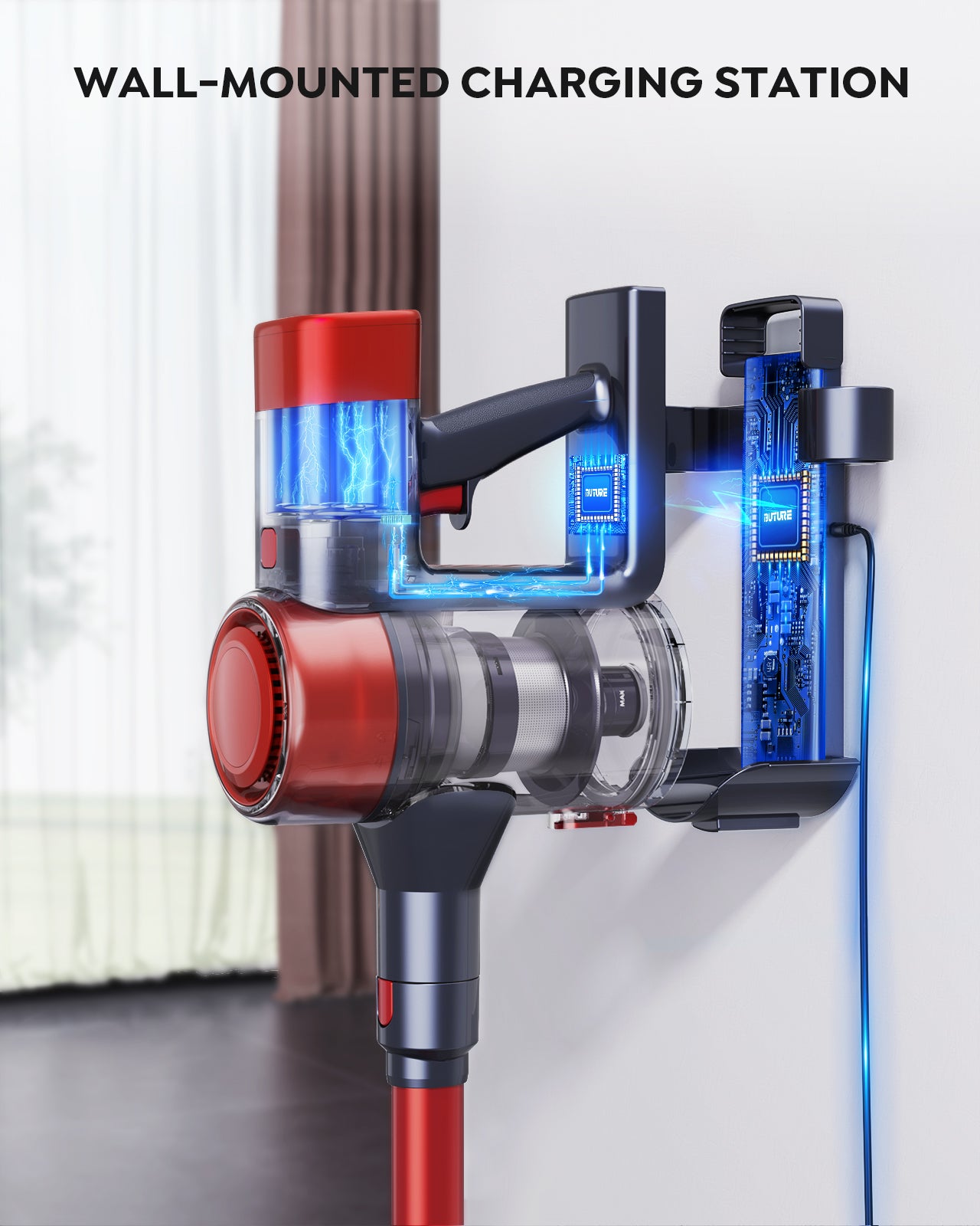 VC50 red cordless vacuum cleaner featuring a wall-mounted charging station for recharge and storage.