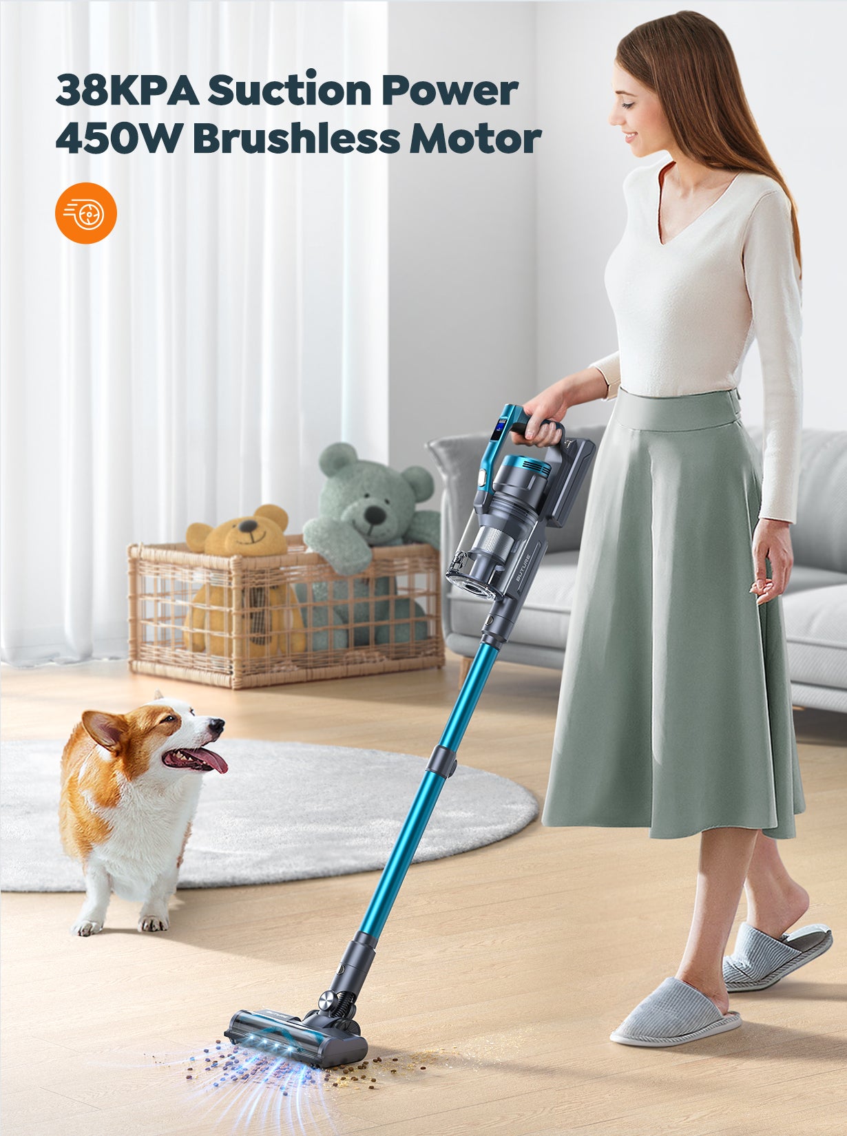 VC60 cordless vacuum cleaner with 450W strong motor to deliver 38KPA powerful suction.