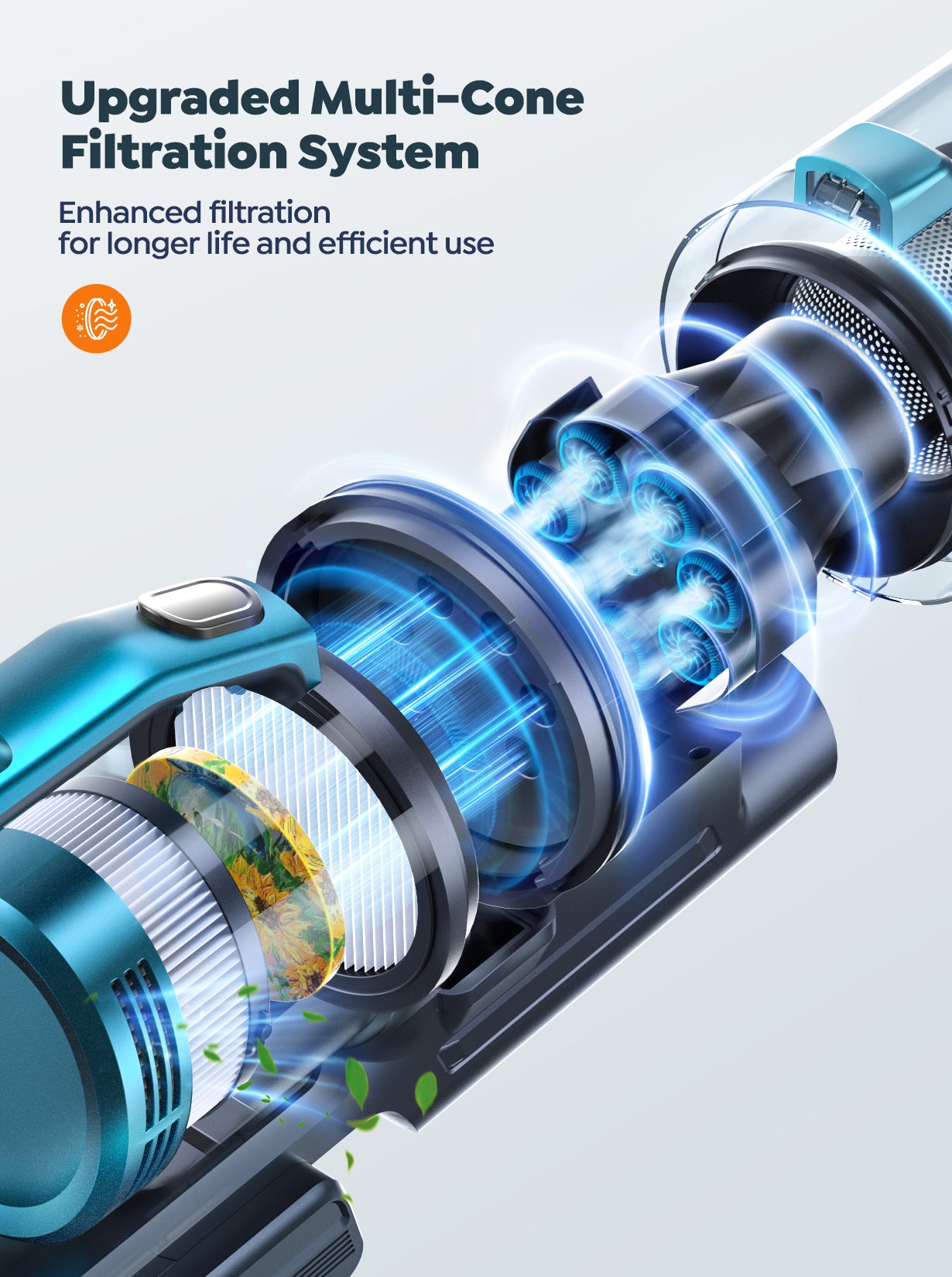 VC60 cordless vacuum with upgraded Multi-Cone filtration - enhanced dust separation for longer filter life and maximum cleaning efficiency.