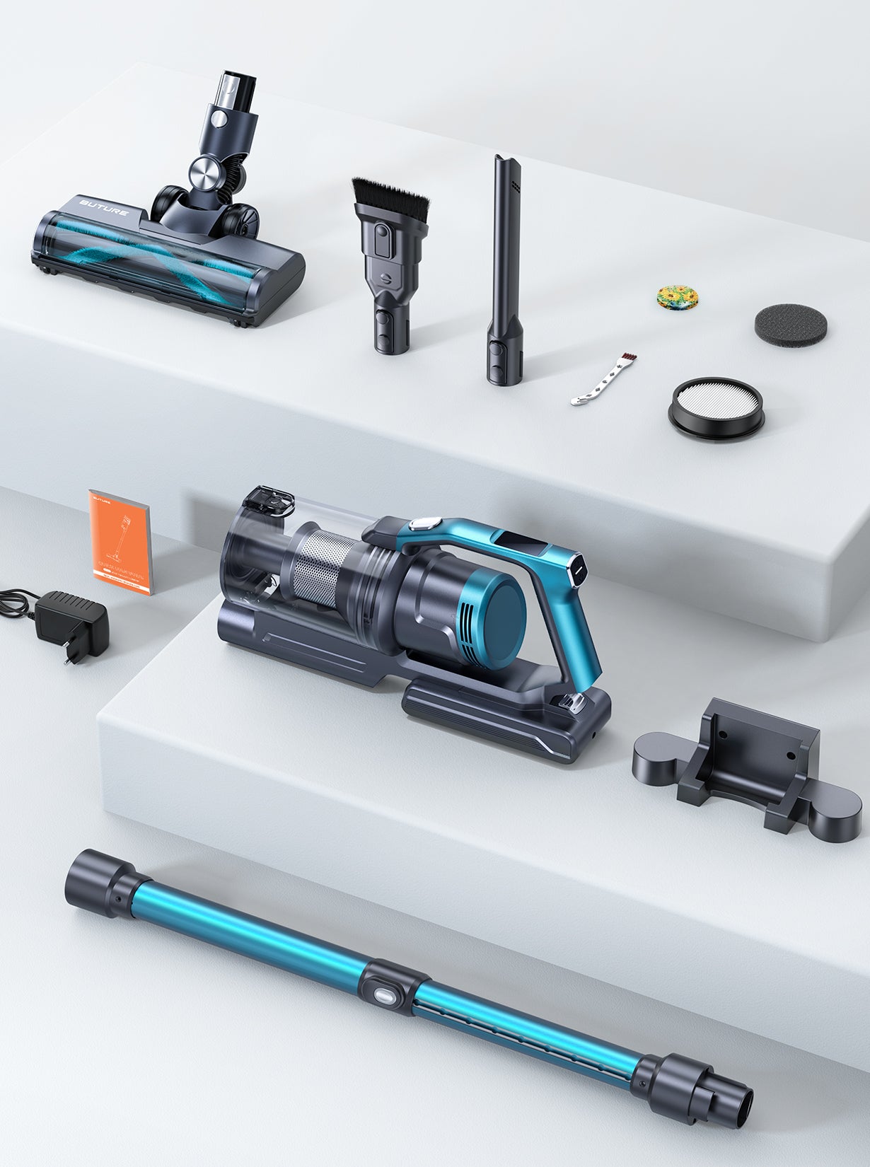 VC60 cordless vacuum cleaner pack includes: main body with battery & dust cup, telescopic tube, vacuum brush head, 2-in-1 brush, crevice nozzle, HEPA & sponge filters, adapter, wall mount, fragrance tablets and user manual.