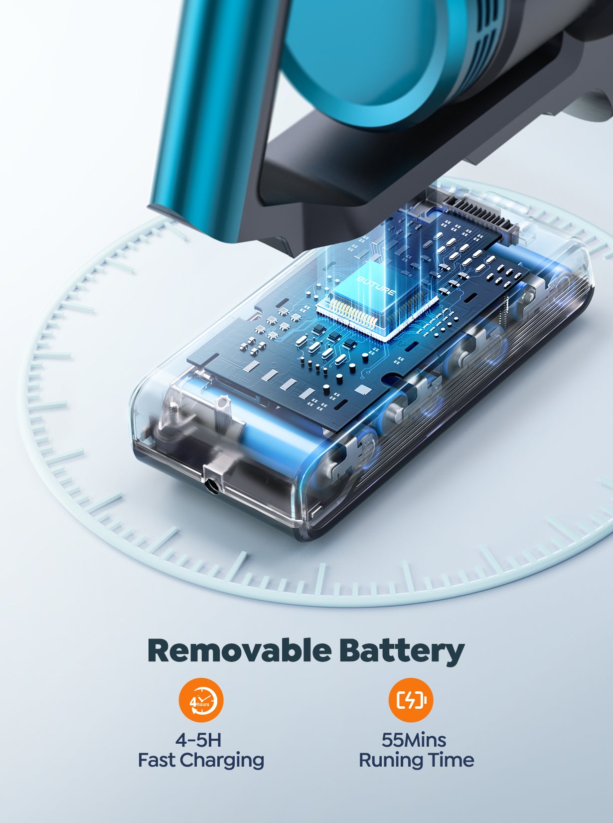 VC60 cordless vacuum cleaner with removable battery – 55 mins runtime, 4-5 hours charge, for extended cleaning sessions.