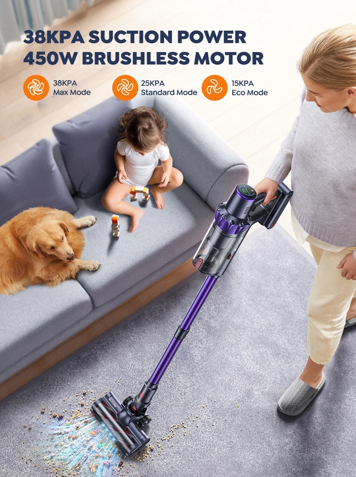 VC70 cordless vacuum cleaner with 450W brushless motor – delivers 38KPA max suction power (Max Mode), 25KPA (Standard Mode), and 15KPA (Eco Mode) for adjustable deep cleaning.