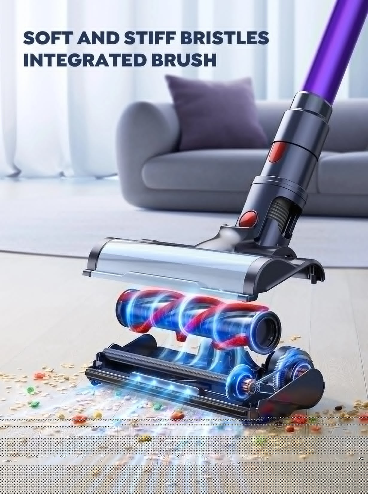 VC70 cordless vacuum cleaner with integrated dual-bristle brush - soft and stiff bristles combine for perfect hard floor and carpet cleaning.