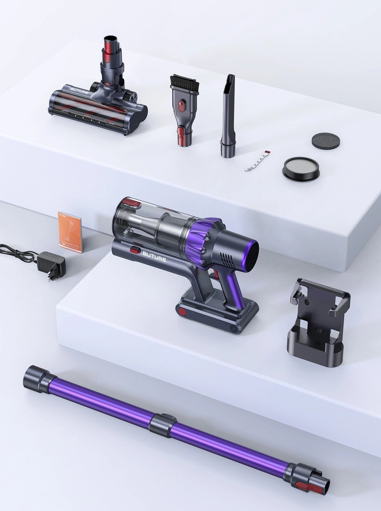 VC70 cordless vacuum cleaner pack includes: main body with battery & dust cup, telescopic tube, vacuum brush head, 2-in-1 brush, crevice nozzle, HEPA & sponge filters, adapter, wall mount, and user manual.