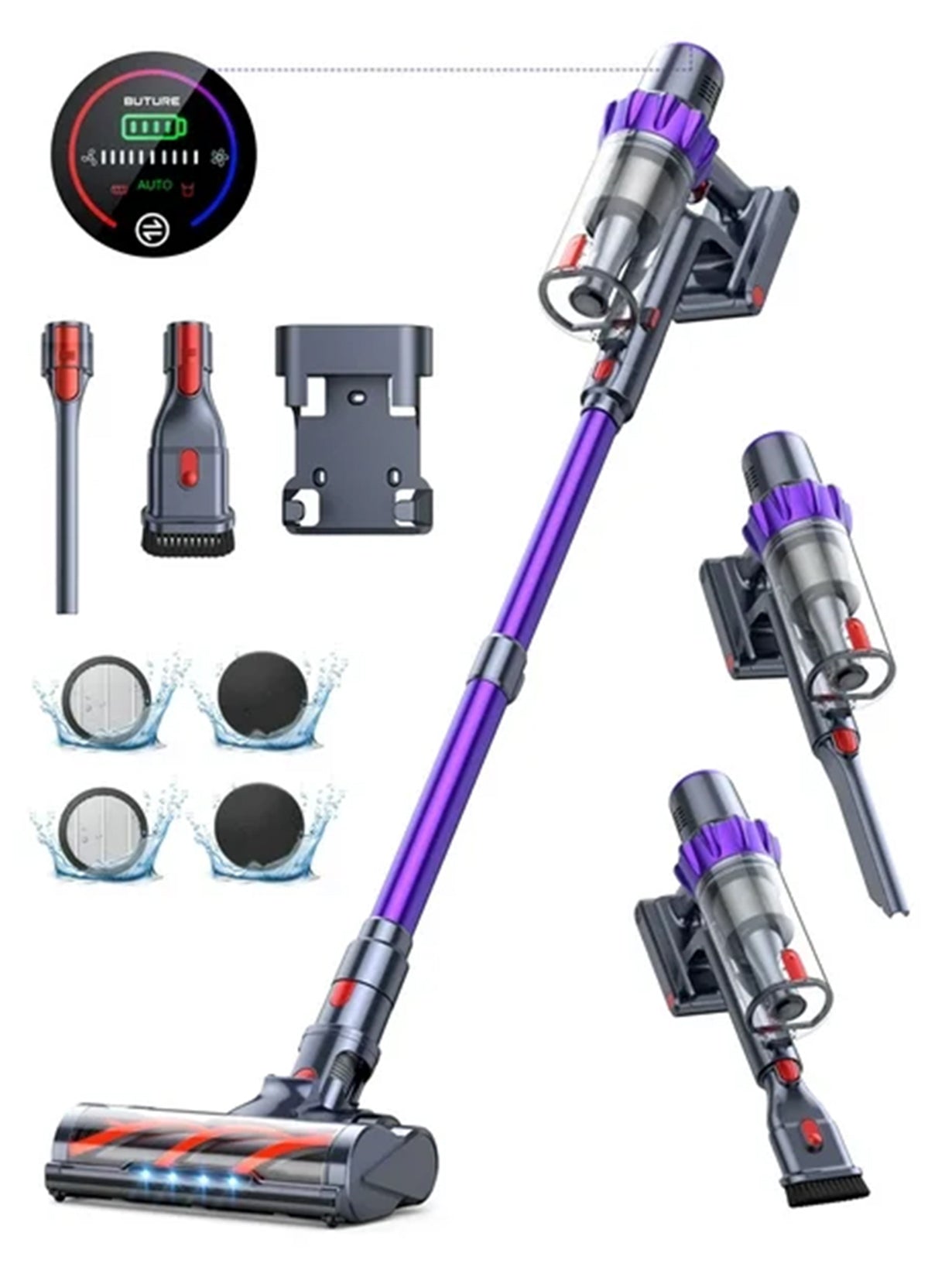 VC70 cordless vacuum cleaner accessories kit: floor brush, roller brush, 2-in-1 brush, crevice nozzle, wall mount, HEPA filters, stainless steel filter, dust cup, and telescopic tube.