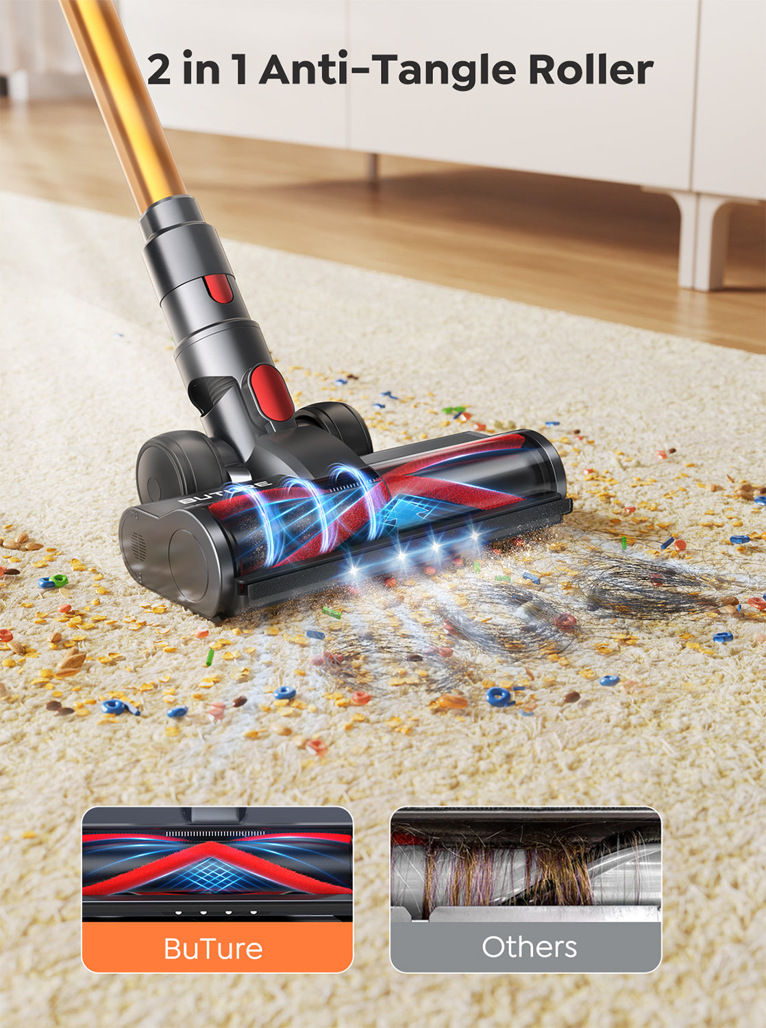 VC80 cordless vacuum cleaner with V-shaped 2-in-1 anti-tangle roller brush – effortlessly removes pet hair and long fibers.