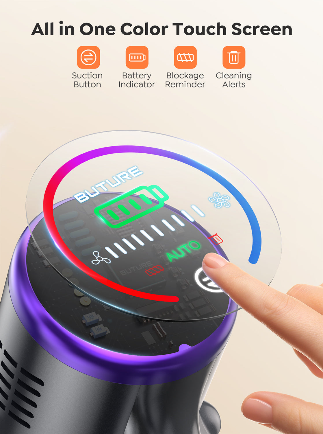 VC80 cordless vacuum cleaner with all-in-one color touch screen – integrated suction control, battery indicator, blockage alerts, and smart cleaning reminders.