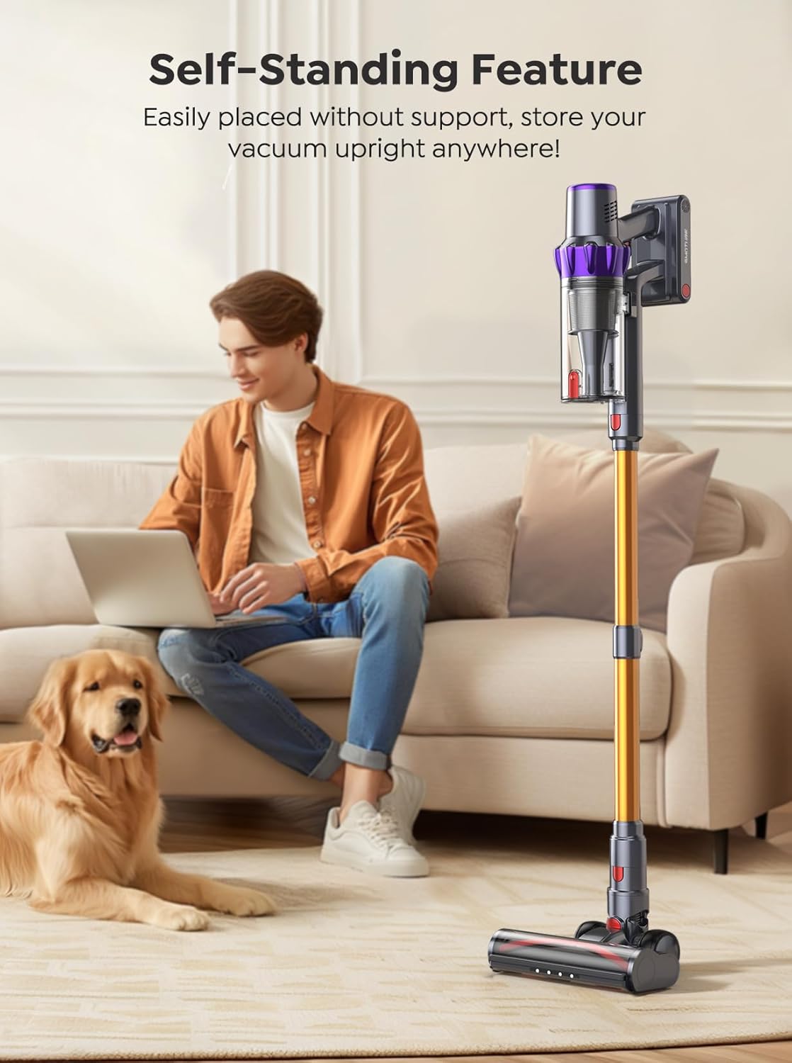 VC80 cordless vacuum cleaner with self-standing design – stores upright anywhere without support, for easy access and compact storage.