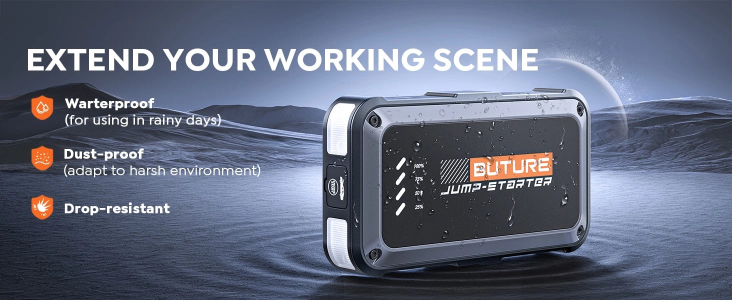 Buture Beta08 - rugged and weatherproof jump starter with shock-resistant shell, designed for tough outdoor conditions like rain, snow, and off-road use.