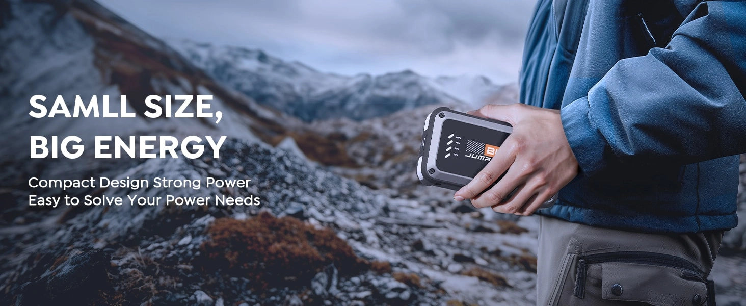 Buture Beta08 compact and lightweight car jump starter weighing only 0.8lbs, easy to store in glove box or carry for on-the-go emergency use.