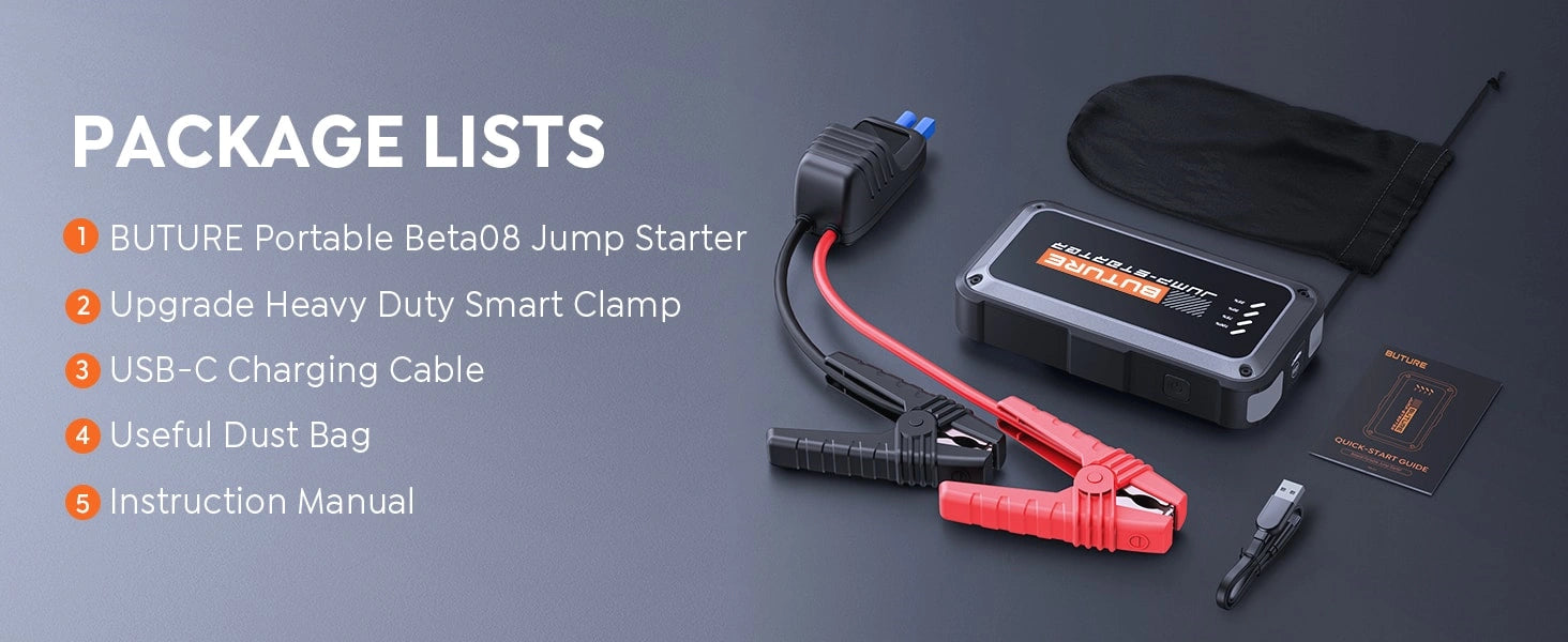 Complete package of Buture Beta08 Jump Starter including smart clamps, USB-C charging cable, dust bag, and user manual.