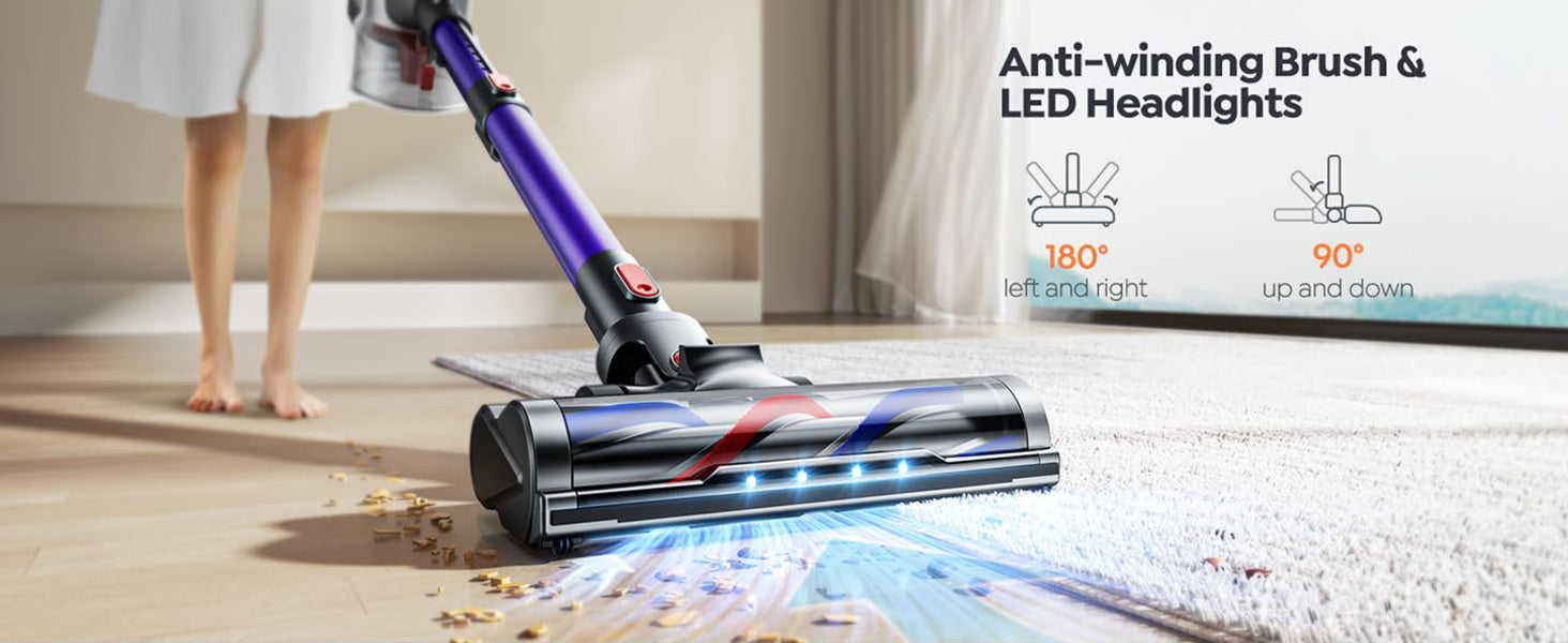 Buture JR400 cordless vacuum cleaner with anti-winding brush and built-in LED headlights, designed for seamless cleaning on both carpets and hard floors with 180° horizontal and 90° vertical rotation.