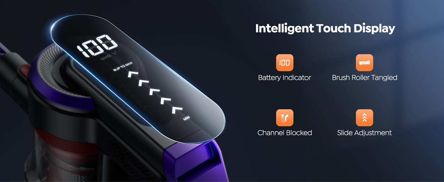 Buture JR400 cordless vacuum cleaner with LED display for real-time updates on battery level, suction strength, and blockage alerts—adjustable via intuitive touchscreen control.
