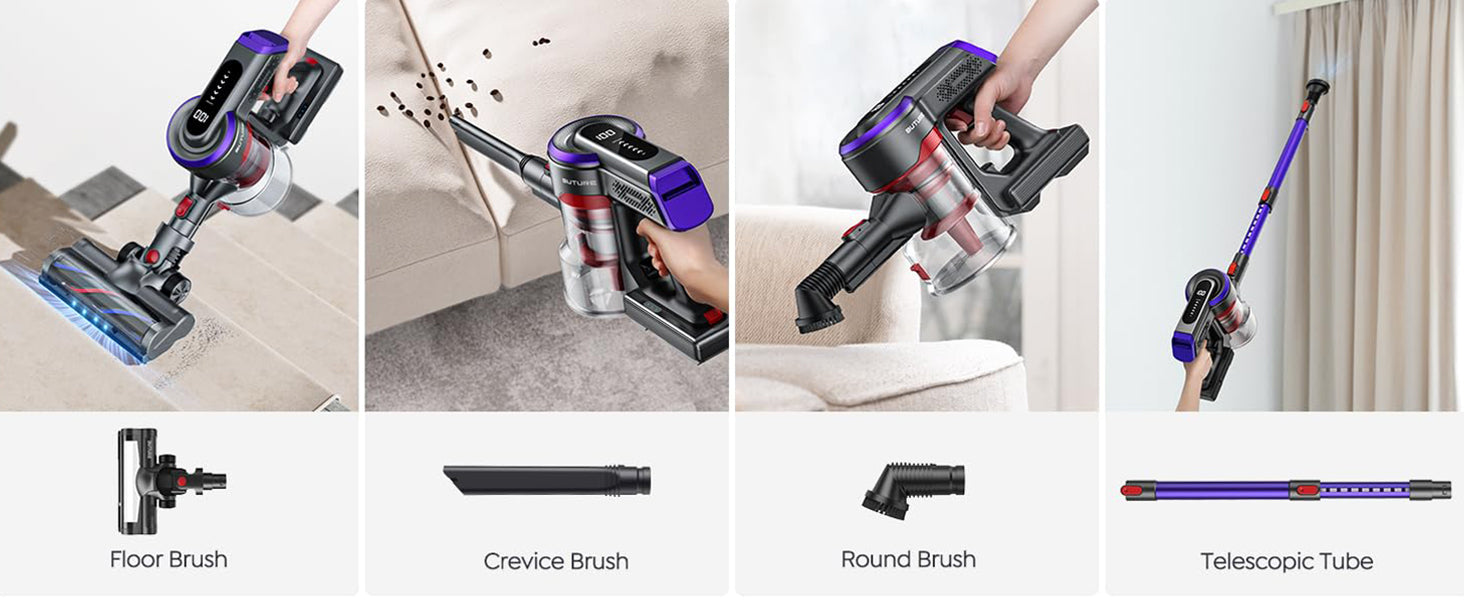 Buture JR400 cordless vacuum cleaner includes a floor brush, crevice tool, round brush, and telescopic tube suitable for versatile cleaning on floors, tight spaces, upholstery, and high areas.