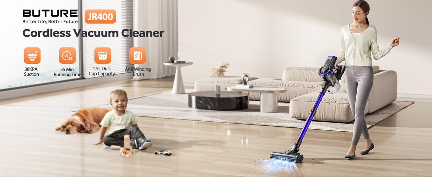 Buture JR400 cordless vacuum cleaner delivers powerful cleaning with 38kPa suction, extended 55-minute runtime, a large 1.5L dustbin, and a tangle-free brush—designed for a cleaner, more efficient home.
