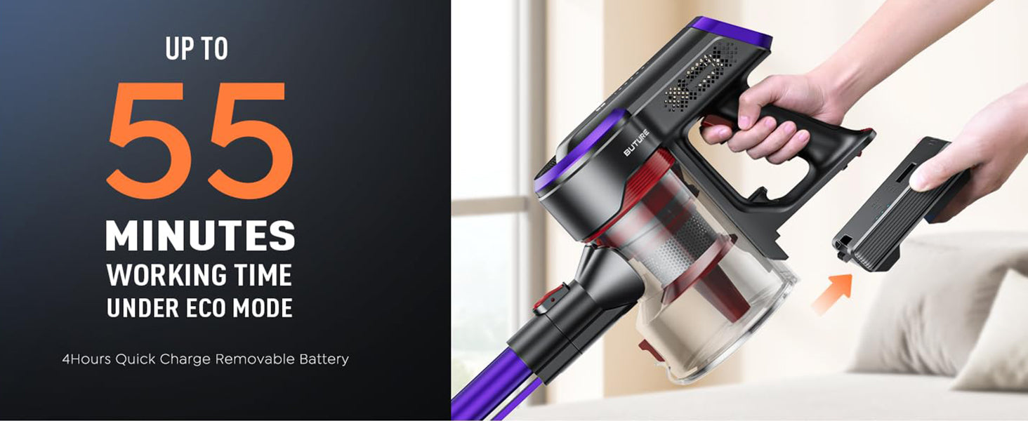 Buture JR400 cordless vacuum cleaner features a removable battery with up to 55 minutes of runtime in Eco mode and a quick 4-hour full charge for extended cleaning sessions.