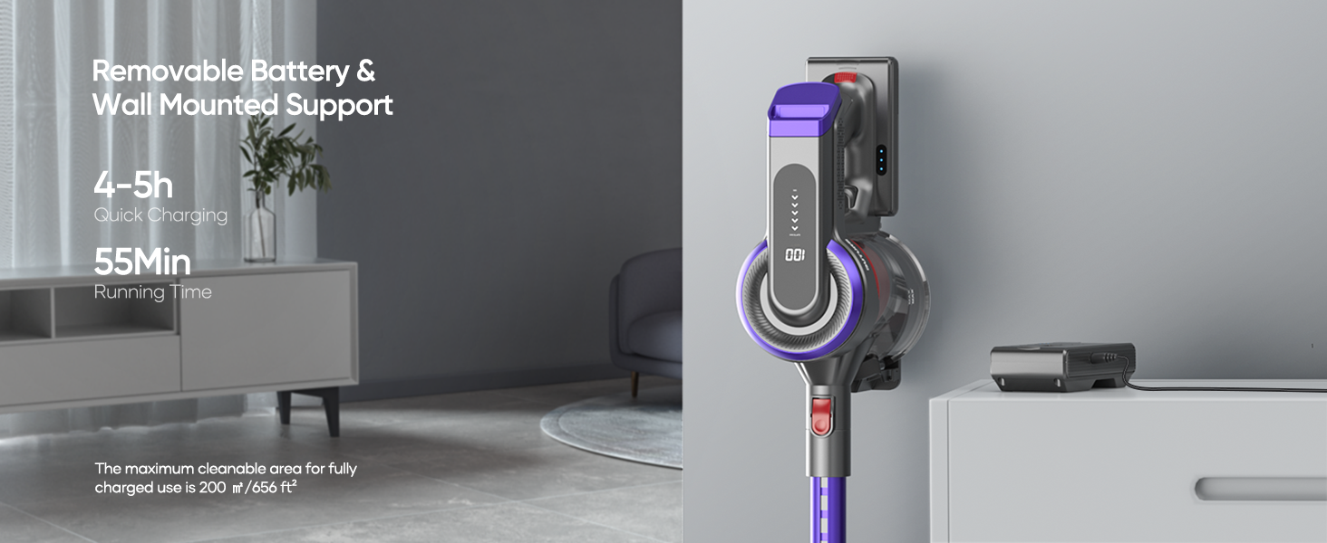 Buture JR400 cordless vacuum cleaner equips Removable Battery and Wall-Mounted Dock, offering a quick 4–5 hour recharge for 55 minutes runtime and cleaning coverage of up to 200 m² (656 ft²).