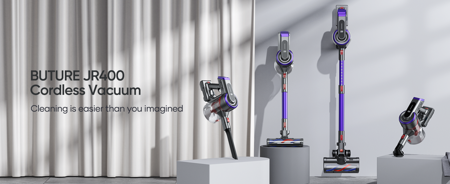 Buture JR400 cordless stick vacuum cleaner provides excellent cleaning results in every home thanks to its 6-in-1 high-performance attachments and touch-screen control.