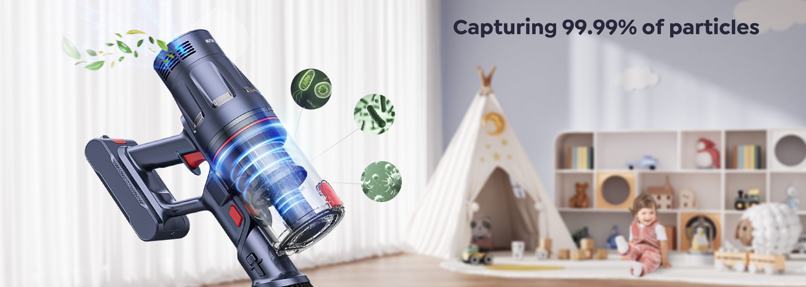 Buture BP20 cordless vacuum with HEPA Filter System captures 99.99% of particles, making your life healthier and cleaner.
