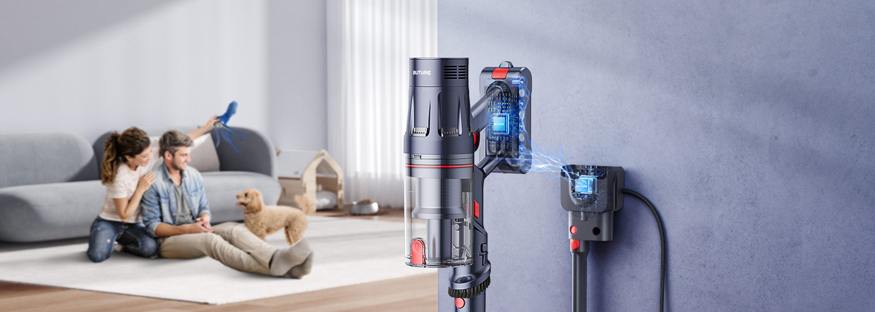 Buture BP20 cordless vacuum makes charging & storage in one and has a wireless charging function, placing your Upright Vacuums more intelligently