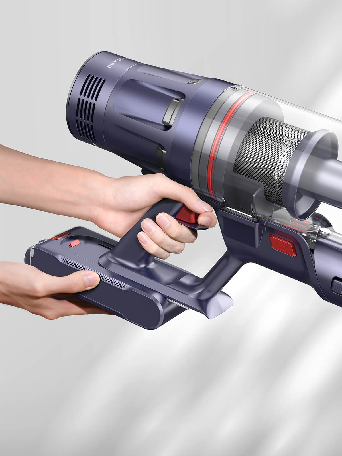 Buture BP20 cordless vacuum cleaner featuring a convenient detachable battery design, allowing easy battery swaps or separate charging for extended, uninterrupted cleaning sessions.