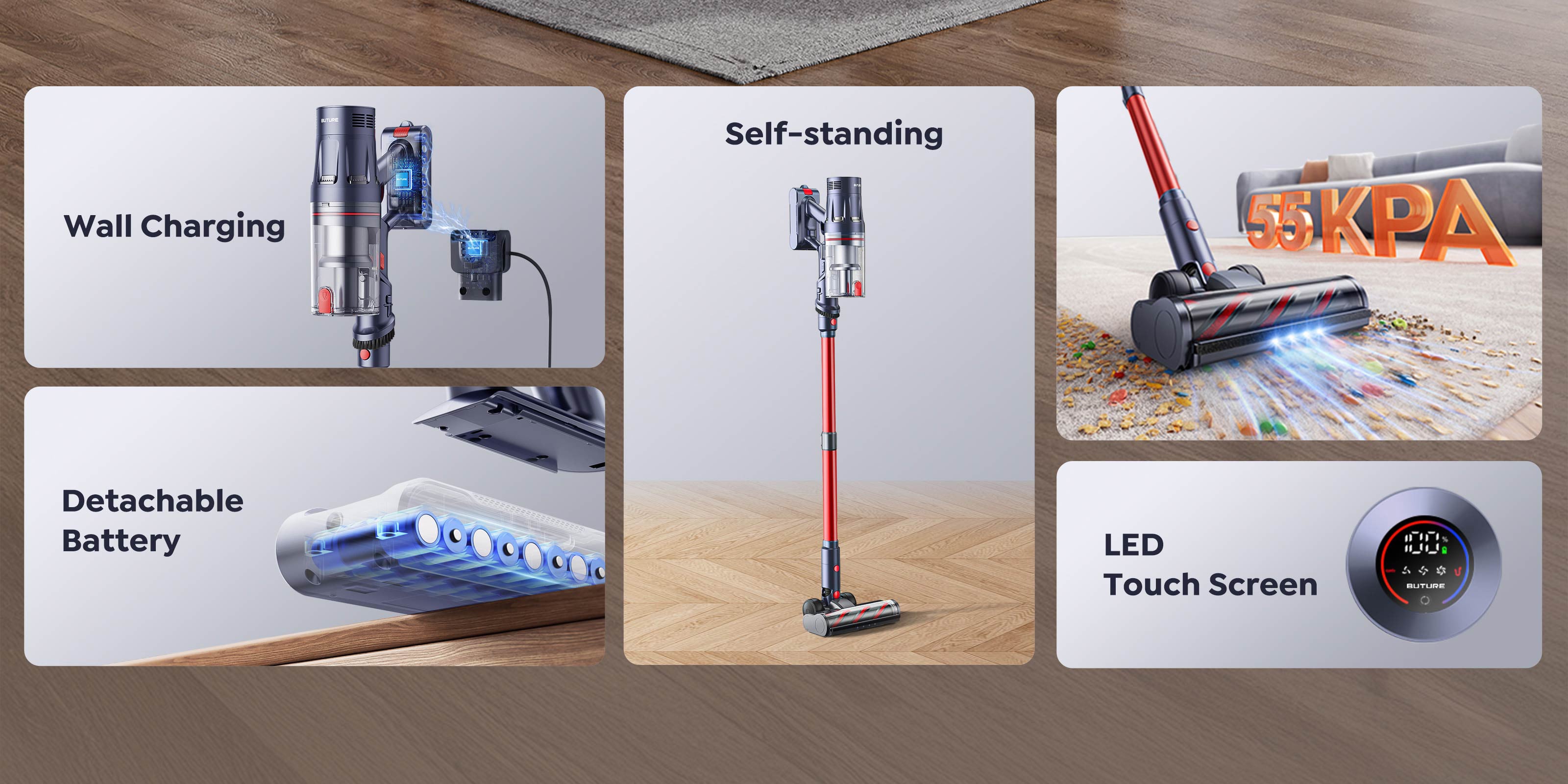 Buture BP20 vacuum cleaner with smart LED touch screen, anti-tangle roller brush, and wall-mounted charging. Features three cleaning modes (Eco, Mid, Max), self-standing design, and detachable battery for versatile home cleaning.