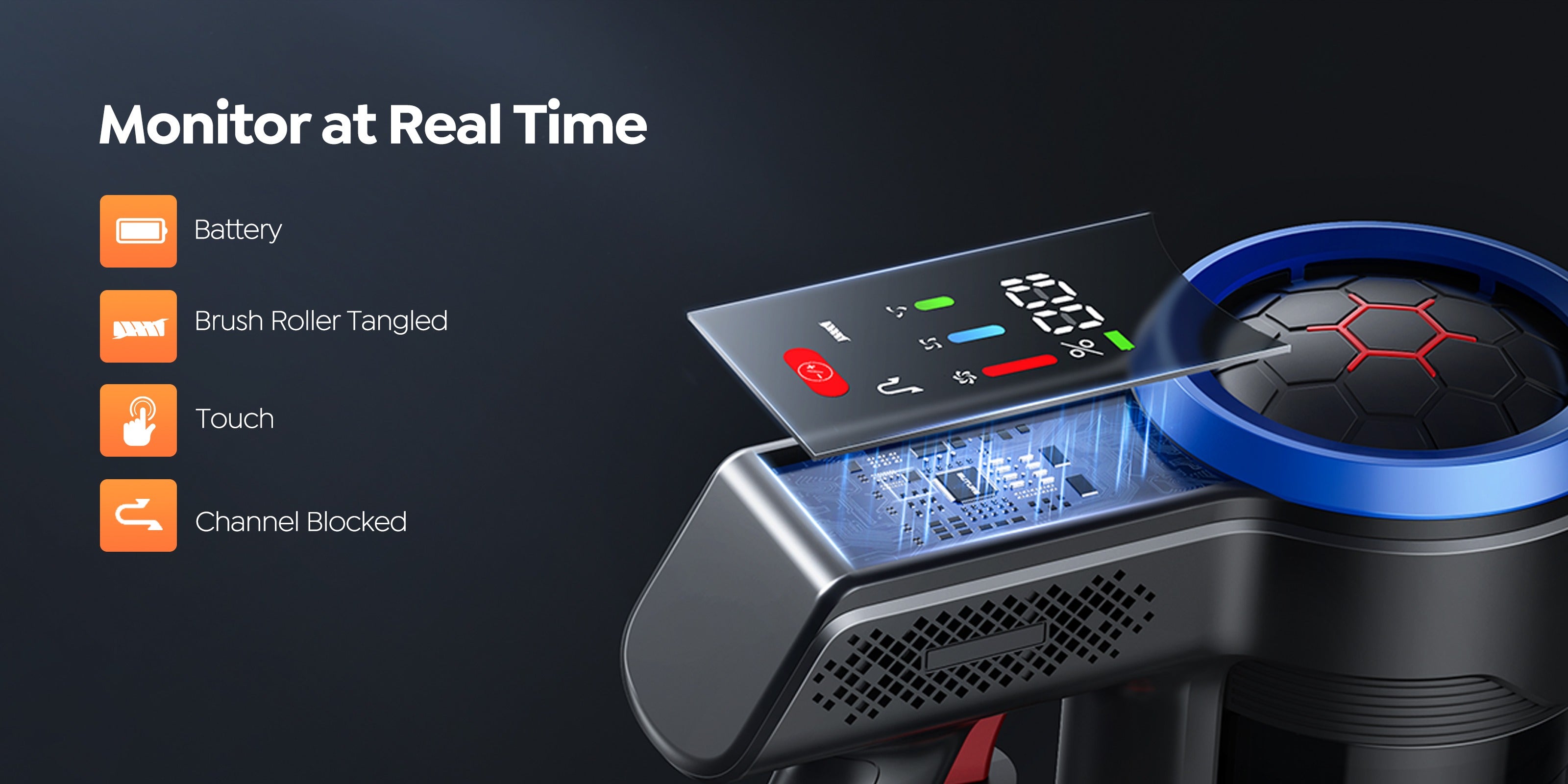 Real-time LED display on the Buture JR700 vacuum shows battery level, allows easy setting adjustments, and provides alerts for blockages or brush issues.