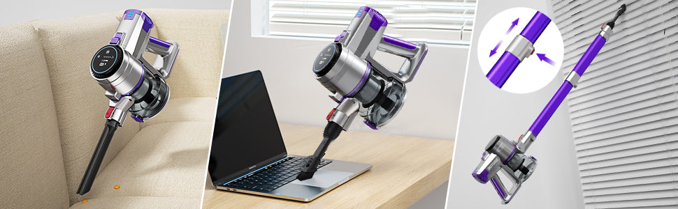 Buture VC10 cordless vacuum cleaner with versatile attachments including a 2-in-1 brush, long crevice tool, and extendable tube for cleaning various surfaces.