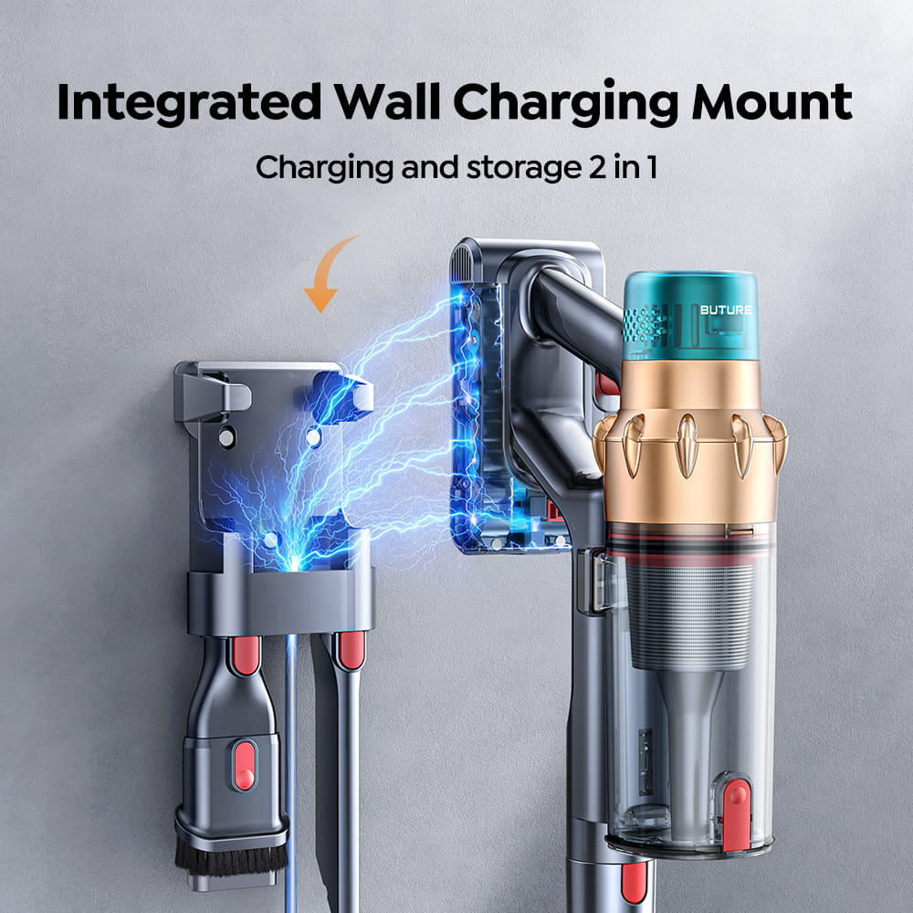 Buture VAC01 upright vacuum cleaner has an integrated wall charging mount, making charging and storage 2 in 1.